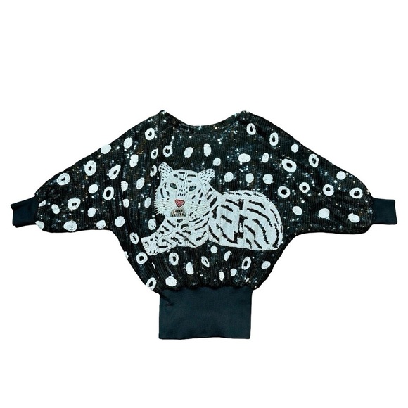 Unbranded Tops - True Vintage 80s Sequin Beaded Tiger Top Dress Black Silk Batwing Sleeve